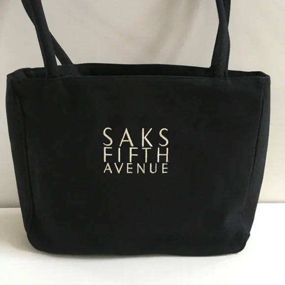 SAKS FIFTH AVENUE Black Tote BAG Purse Handbag Embroidered Logo Y2K NEW - Picture 3 of 13